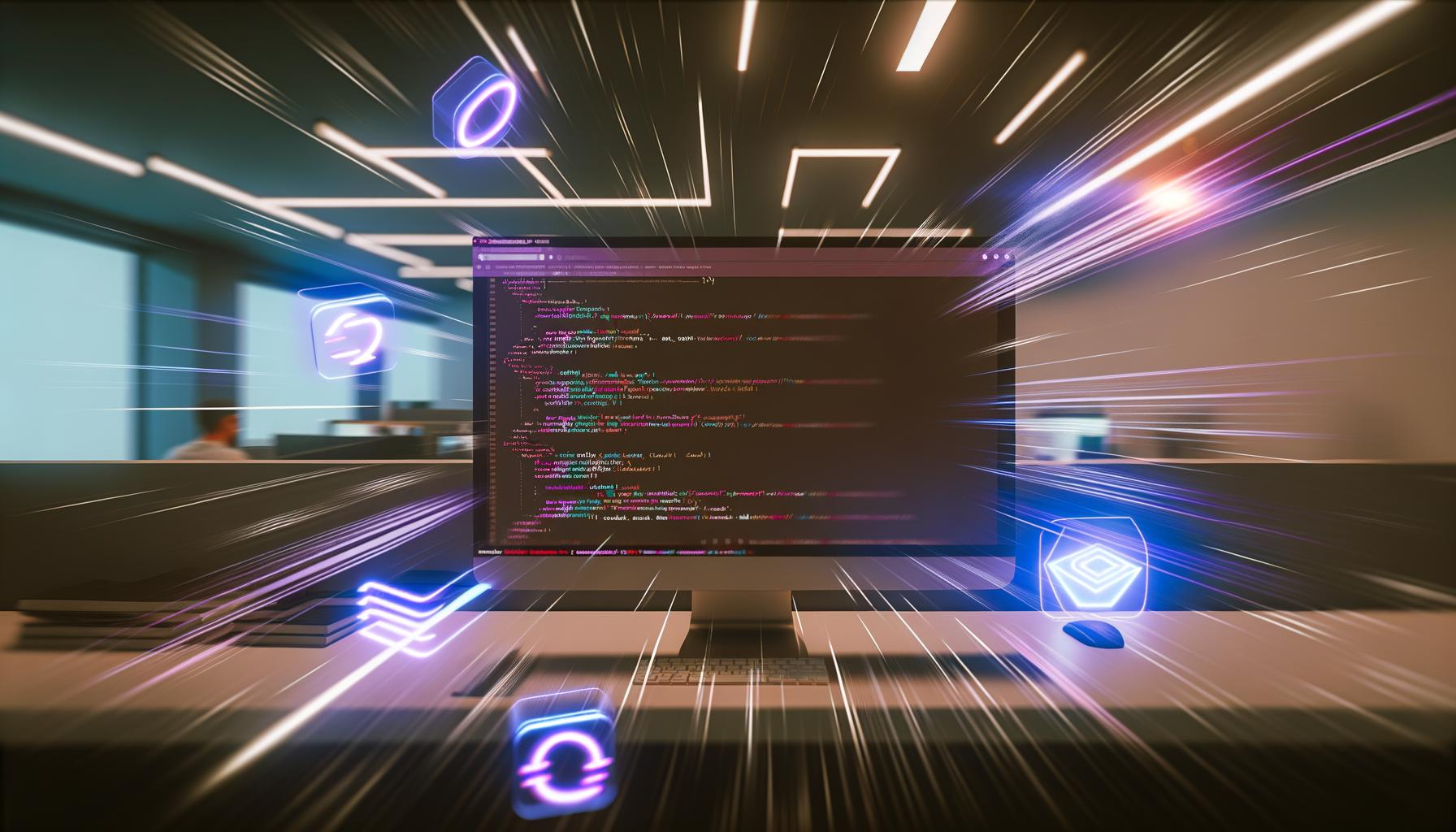 High-Tech-Arbeitsplatz mit modernem Computer, minimalem CSS-Code und Werkzeug-Symbolen wie PurgeCSS, Webpack und Chrome DevTools. Vorher-Nachher-Effekt von unaufgeräumten zu optimierten Dateien.
