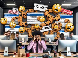 Gestresste Angestellte in einem Großraumbüro, umgeben von Cookie-Bannern, Gesetzestexten, DSGVO- und ePrivacy-Symbolen sowie technischen Geräten und Compliance-Handbüchern.