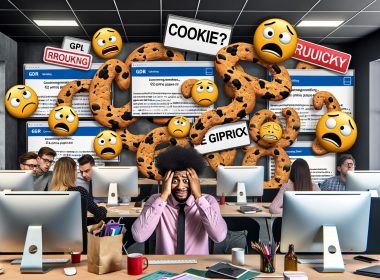 Gestresste Angestellte in einem Großraumbüro, umgeben von Cookie-Bannern, Gesetzestexten, DSGVO- und ePrivacy-Symbolen sowie technischen Geräten und Compliance-Handbüchern.