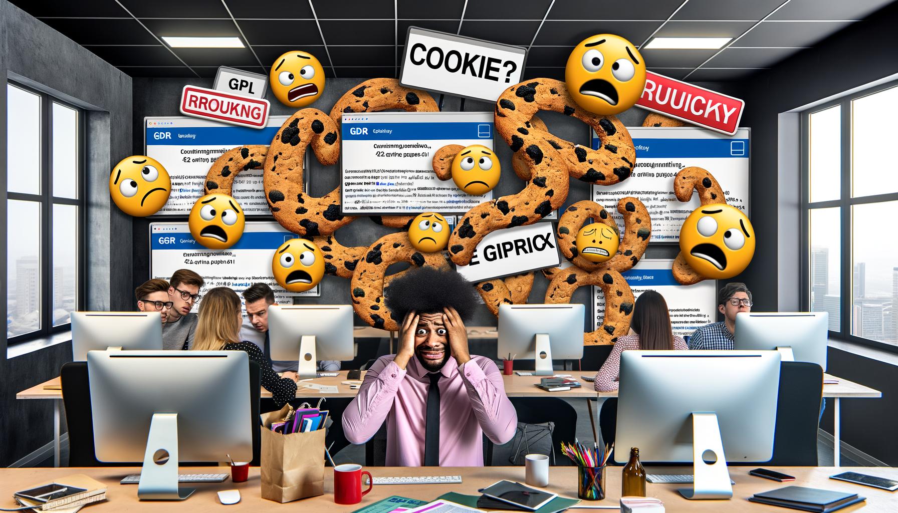 Gestresste Angestellte in einem Großraumbüro, umgeben von Cookie-Bannern, Gesetzestexten, DSGVO- und ePrivacy-Symbolen sowie technischen Geräten und Compliance-Handbüchern.