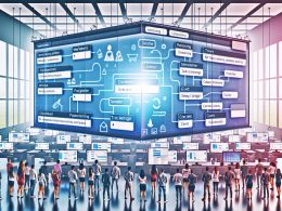 Szenische Darstellung eines modernen Großraumbüros: Menschen um ein transparentes Dashboard, strukturierter Tracking-Plan im Fokus, umgeben von Tool-Logos wie Google Tag Manager und Segment.