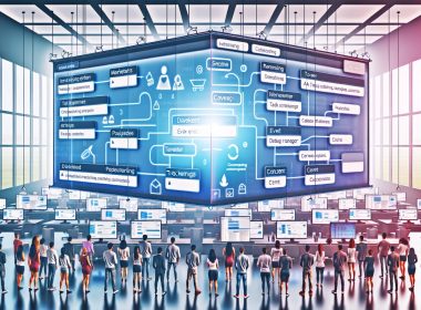 Szenische Darstellung eines modernen Großraumbüros: Menschen um ein transparentes Dashboard, strukturierter Tracking-Plan im Fokus, umgeben von Tool-Logos wie Google Tag Manager und Segment.