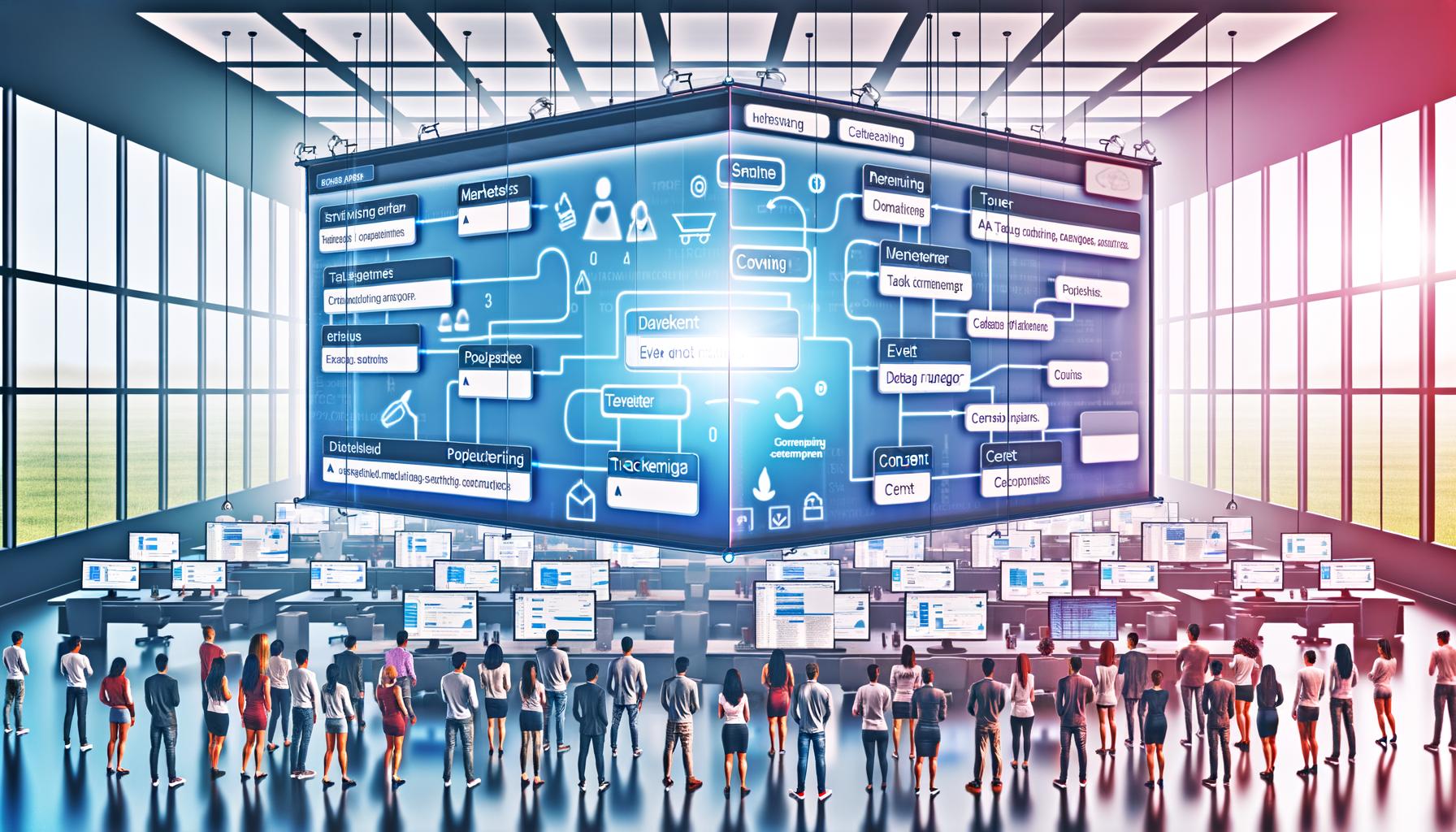 Szenische Darstellung eines modernen Großraumbüros: Menschen um ein transparentes Dashboard, strukturierter Tracking-Plan im Fokus, umgeben von Tool-Logos wie Google Tag Manager und Segment.