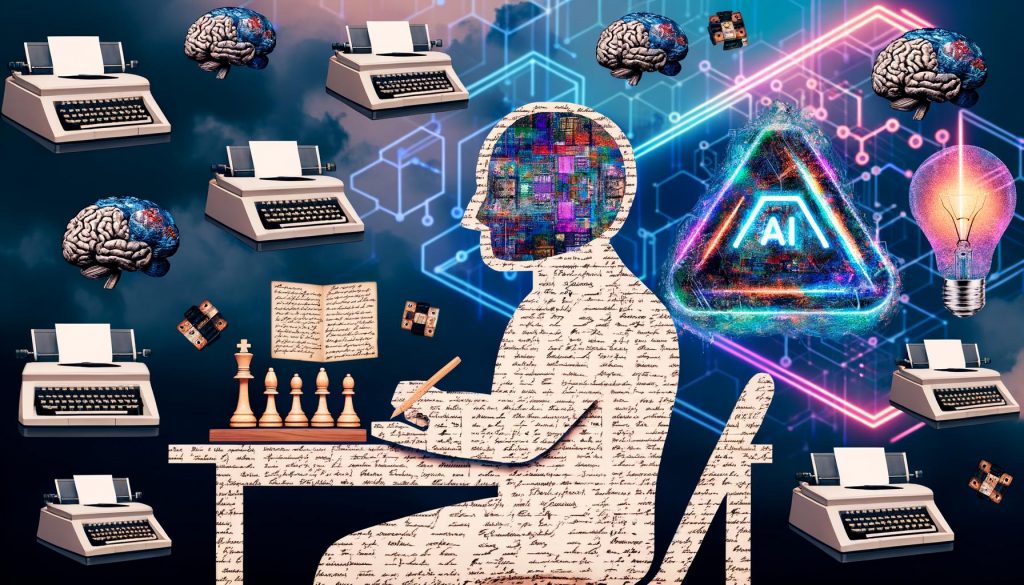 Collage mit Alan Turing am Schreibtisch, historischen Computern, neuronalen Netzen, Schachfiguren, Chatbot-Avatar, Transformer-Grafiken und glitzernden 'AI-powered!'-Stickern im Retro-futurismus-Stil.