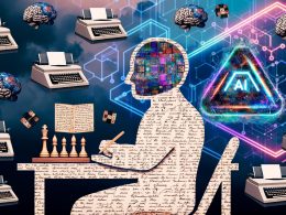 Collage mit Alan Turing am Schreibtisch, historischen Computern, neuronalen Netzen, Schachfiguren, Chatbot-Avatar, Transformer-Grafiken und glitzernden 'AI-powered!'-Stickern im Retro-futurismus-Stil.