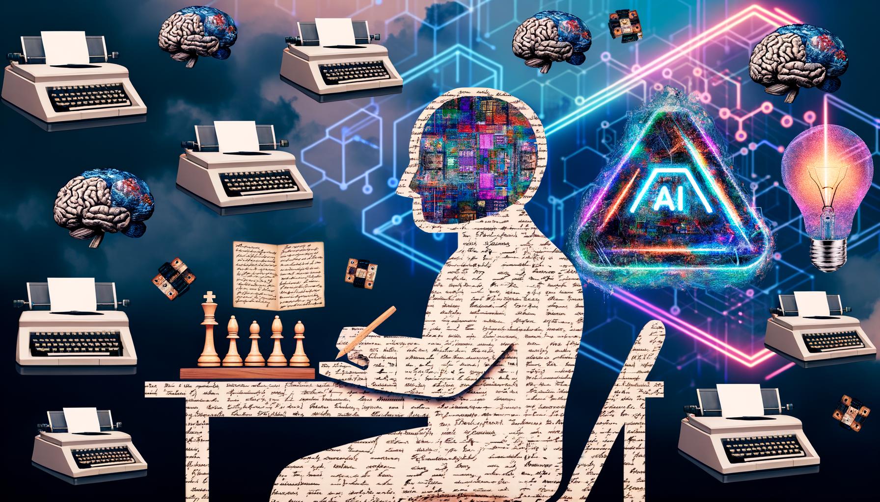 Collage mit Alan Turing am Schreibtisch, historischen Computern, neuronalen Netzen, Schachfiguren, Chatbot-Avatar, Transformer-Grafiken und glitzernden 'AI-powered!'-Stickern im Retro-futurismus-Stil.