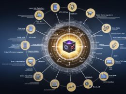 Dynamische technische Illustration eines modernen PIM-Systems mit digitalem Daten-Kern, vernetzten Modulen und Symbolen für Automatisierung sowie verschiedene Verkaufskanäle auf dunklem Hintergrund.