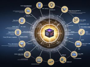 Dynamische technische Illustration eines modernen PIM-Systems mit digitalem Daten-Kern, vernetzten Modulen und Symbolen für Automatisierung sowie verschiedene Verkaufskanäle auf dunklem Hintergrund.