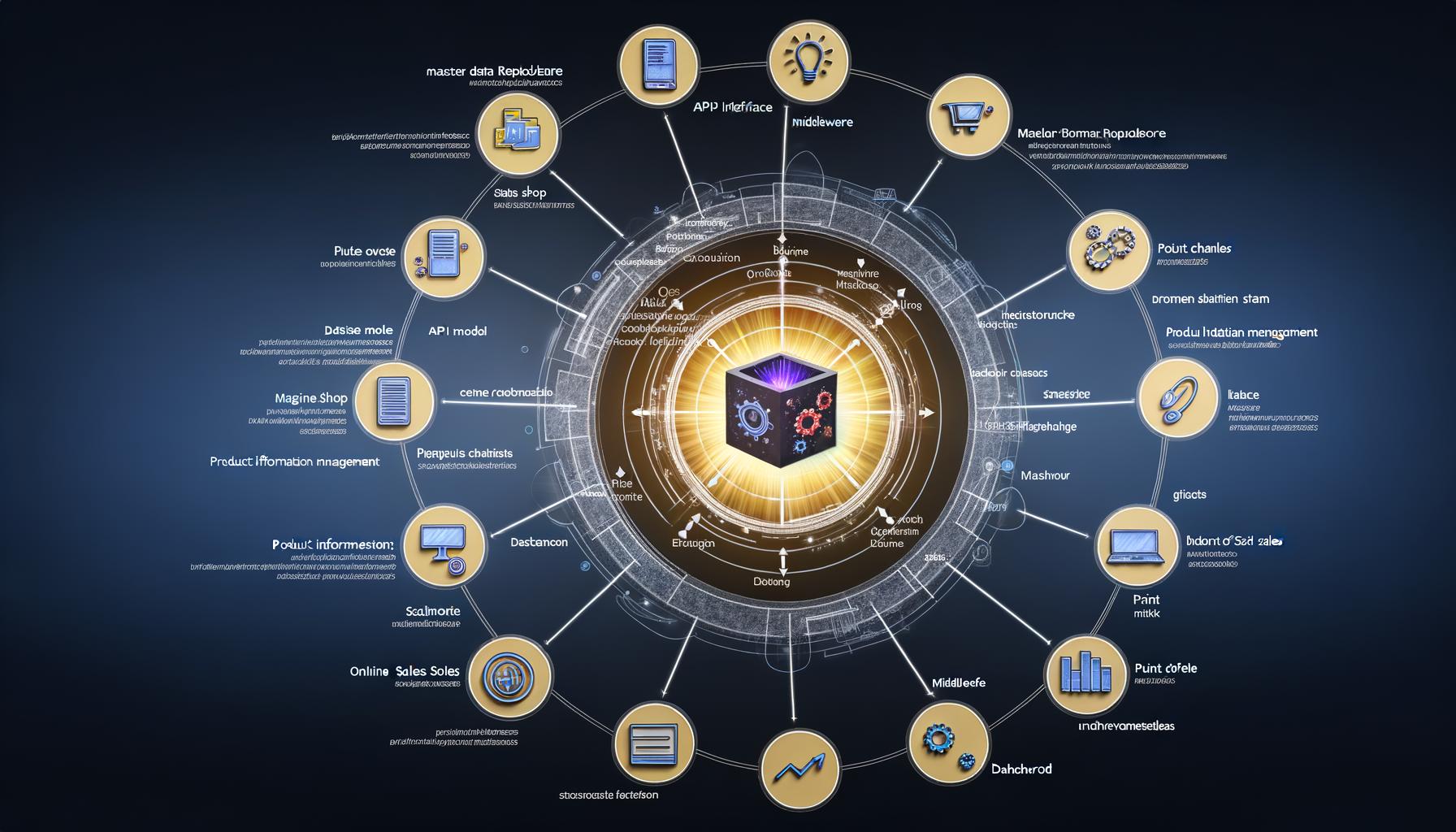 Dynamische technische Illustration eines modernen PIM-Systems mit digitalem Daten-Kern, vernetzten Modulen und Symbolen für Automatisierung sowie verschiedene Verkaufskanäle auf dunklem Hintergrund.