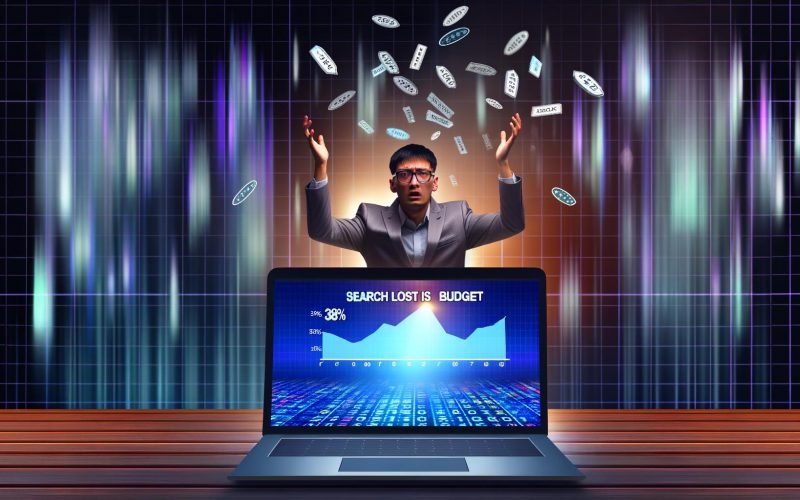 Frustrierter Marketer vor Google Ads Dashboard mit 38 % Suchverlust, verschwundene digitale Münzen und aktive Konkurrenten-Anzeigen im Hintergrund.