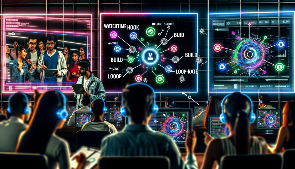 Menschen in einem digitalen Kontrollraum analysieren auf riesigen Bildschirmen Social-Media-Videos von YouTube, Instagram und TikTok. Leuchtende Diagramme, Notizblöcke und ein Tablet mit Viral-Strategie sind zu sehen.