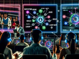 Menschen in einem digitalen Kontrollraum analysieren auf riesigen Bildschirmen Social-Media-Videos von YouTube, Instagram und TikTok. Leuchtende Diagramme, Notizblöcke und ein Tablet mit Viral-Strategie sind zu sehen.