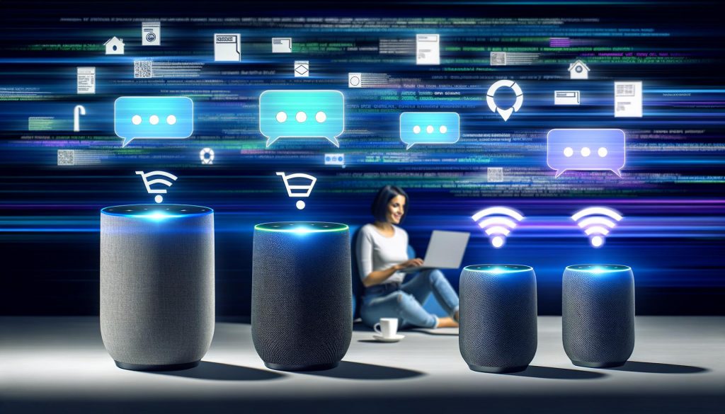 Illustration einer Frau im Homeoffice mit Kaffee und Laptop, umgeben von aktiven Sprachassistenten, die Bestellbefehle für Etsy-Produkte empfangen. Im Hintergrund digitale Datenströme und Einkaufswagen.