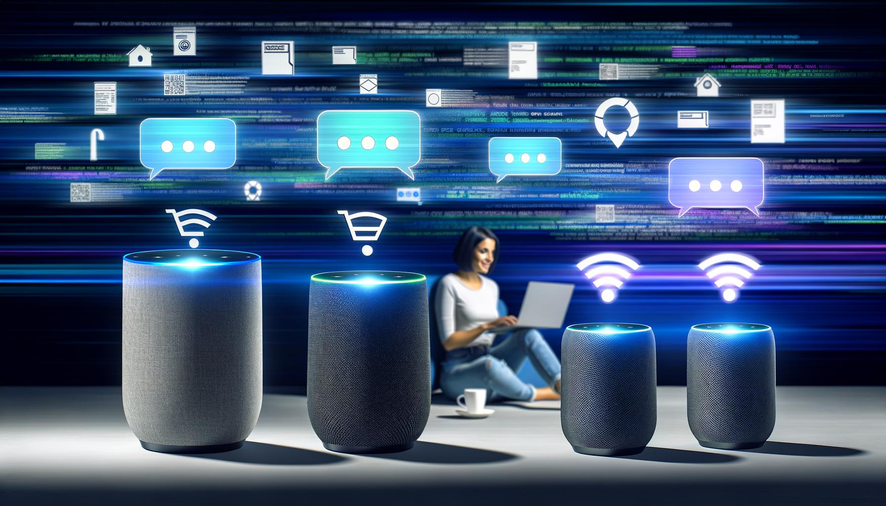 Illustration einer Frau im Homeoffice mit Kaffee und Laptop, umgeben von aktiven Sprachassistenten, die Bestellbefehle für Etsy-Produkte empfangen. Im Hintergrund digitale Datenströme und Einkaufswagen.