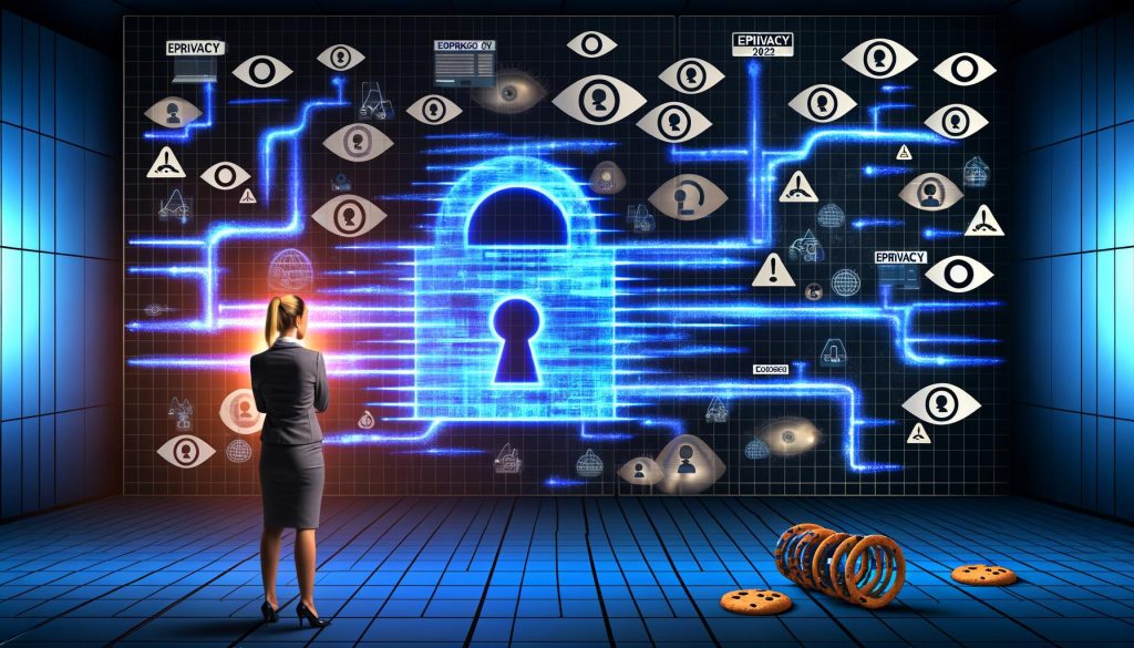 Illustration einer digitalen Landschaft mit Barrieren, Firewall ‚ePrivacy 2025‘, geschäftlicher Person, Datenflüssen, Cookie-Symbolen und Aufsicht durch große Augen im Stil von moderner digitaler Compliance.