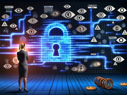 Illustration einer digitalen Landschaft mit Barrieren, Firewall ‚ePrivacy 2025‘, geschäftlicher Person, Datenflüssen, Cookie-Symbolen und Aufsicht durch große Augen im Stil von moderner digitaler Compliance.