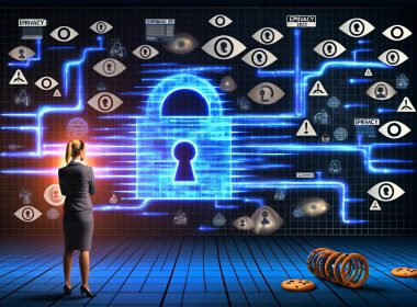 Illustration einer digitalen Landschaft mit Barrieren, Firewall ‚ePrivacy 2025‘, geschäftlicher Person, Datenflüssen, Cookie-Symbolen und Aufsicht durch große Augen im Stil von moderner digitaler Compliance.
