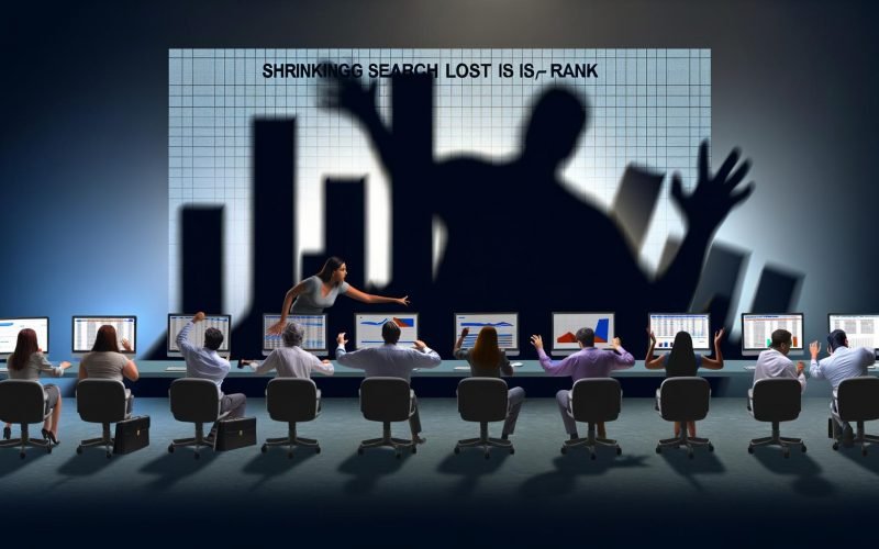 Mehrere Marketer an Computern mit Google Ads-Dashboards, große Schatten symbolisieren Konkurrenz und verlorenen Anzeigenanteil, Zahlen und Anzeigenpositionen verschwinden.
