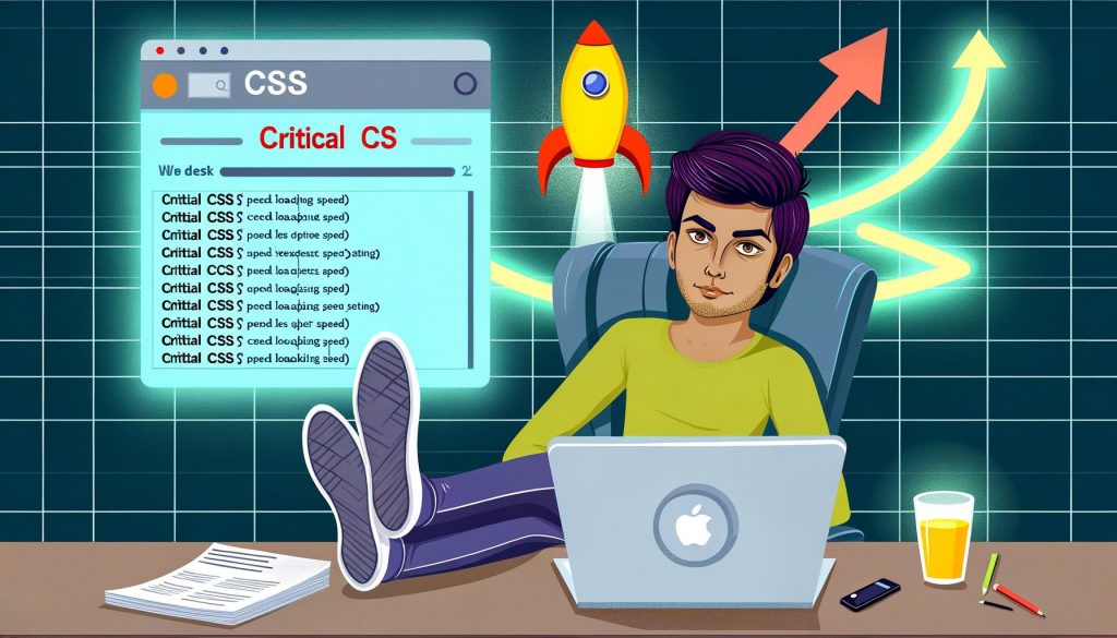 Illustration eines modernen Web-Entwicklers mit Laptop, schwebenden CSS-Dateien und einem leuchtenden, raketenartigen Critical CSS-Button; im Hintergrund ein aufsteigendes Google-Ranking-Diagramm.