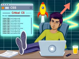 Illustration eines modernen Web-Entwicklers mit Laptop, schwebenden CSS-Dateien und einem leuchtenden, raketenartigen Critical CSS-Button; im Hintergrund ein aufsteigendes Google-Ranking-Diagramm.