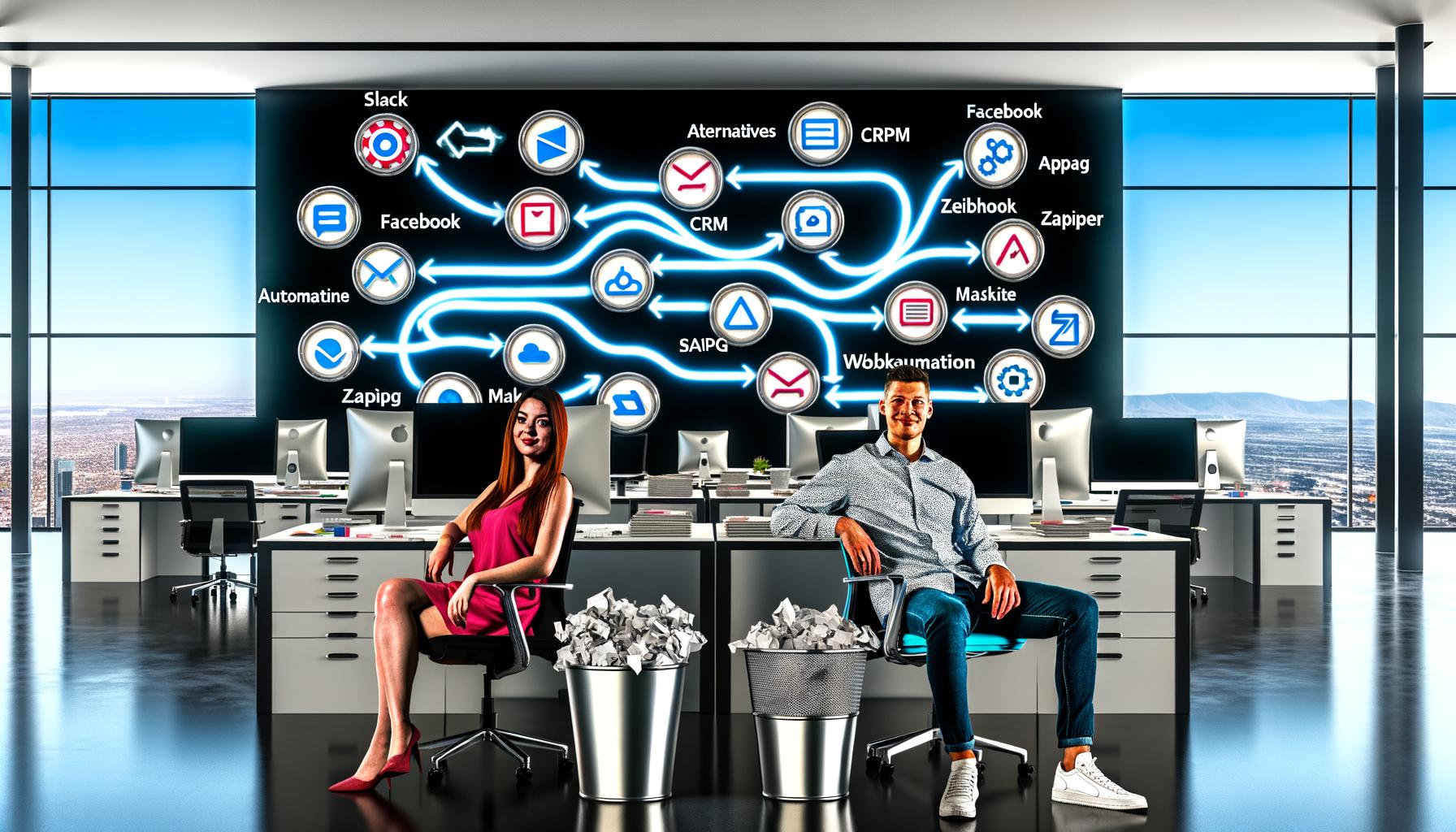 Zwei Marketer an Schreibtischen in einem modernen Büro mit Monitoren, die Automatisierungs-Workflows zwischen Apps wie Slack, CRM, Facebook Ads, Zapier und Make zeigen; To-do-Listen mit abgehakten Aufgaben und leere Papierkörbe verdeutlichen Effizienz.