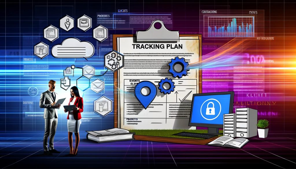 Moderne, farbige Illustration eines Tracking-Plans, umgeben von digitalen Datenströmen, Dashboard auf Monitor, Team aus Marketer, Data Scientist und Entwickler, mit Compliance-Siegel für Datenschutz
