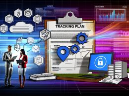 Moderne, farbige Illustration eines Tracking-Plans, umgeben von digitalen Datenströmen, Dashboard auf Monitor, Team aus Marketer, Data Scientist und Entwickler, mit Compliance-Siegel für Datenschutz