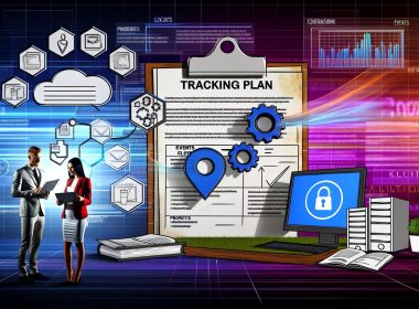 Moderne, farbige Illustration eines Tracking-Plans, umgeben von digitalen Datenströmen, Dashboard auf Monitor, Team aus Marketer, Data Scientist und Entwickler, mit Compliance-Siegel für Datenschutz