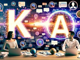 Modernes, energiegeladenes Büro mit zwei Marketern vor großen, leuchtenden „KI“ und „AI“-Schriftzügen, umgeben von digitalen Symbolen, deutschen und internationalen Details.