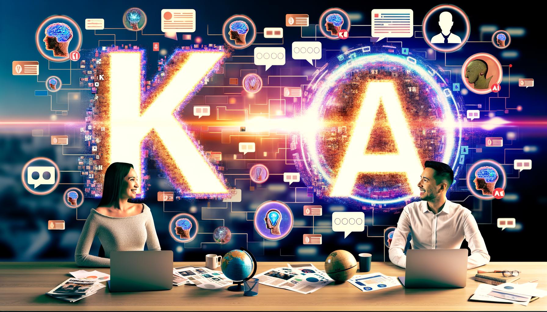 Modernes, energiegeladenes Büro mit zwei Marketern vor großen, leuchtenden „KI“ und „AI“-Schriftzügen, umgeben von digitalen Symbolen, deutschen und internationalen Details.