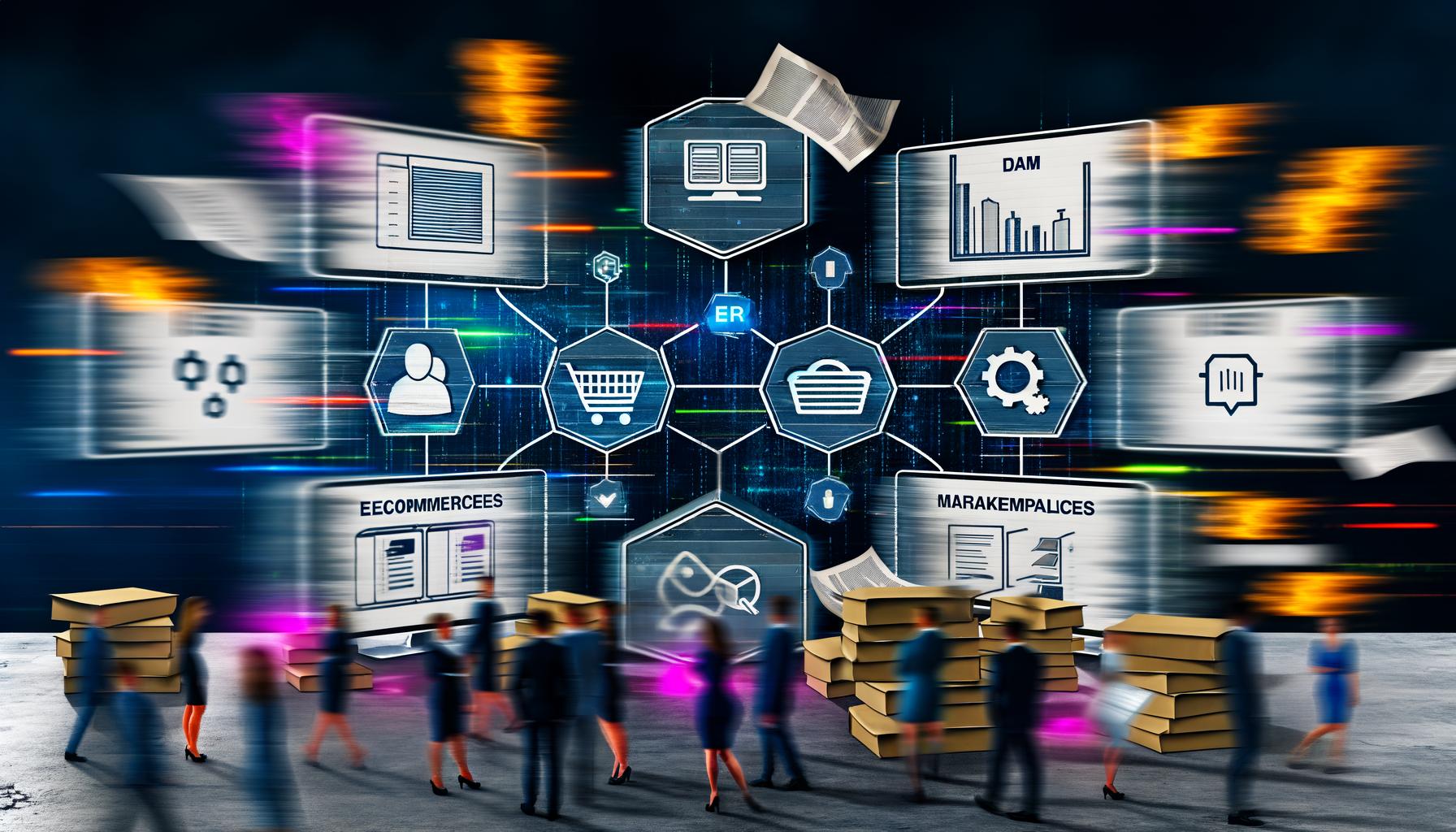 Modernes Marketing-Team vor großen Bildschirmen mit digitalen Datenströmen zwischen ERP, DAM, E-Commerce und Marktplätzen, im Kontrast zu verblassten, veralteten Tools wie Papier und Excel.