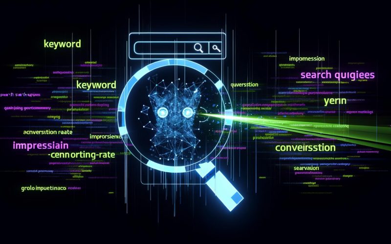 Modernes Visual: Halbtransparentes Röntgenbild eines Suchmaschinen-Fensters mit strömenden Datenpunkten und umschwebenden Marketingsbegriffen auf dunklem Neon-Hintergrund.