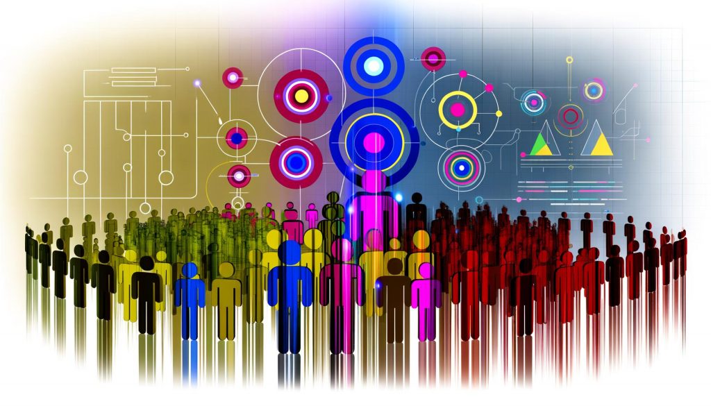 Abstrakte Menschenmenge aus bunten Kreisen, durch Linien in Cluster gruppiert, mit datengestütztem Hintergrund und digitalem Design.