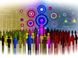 Abstrakte Menschenmenge aus bunten Kreisen, durch Linien in Cluster gruppiert, mit datengestütztem Hintergrund und digitalem Design.