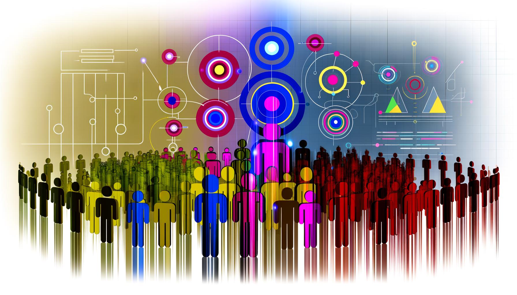 Abstrakte Menschenmenge aus bunten Kreisen, durch Linien in Cluster gruppiert, mit datengestütztem Hintergrund und digitalem Design.