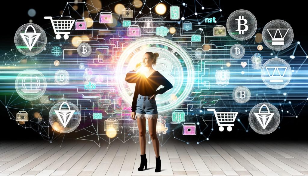 Illustration eines Etsy-Shop-Betreibers vor einem Schaltpult mit E-Commerce- und Web3-Icons, umgeben von Marktplatzgrafiken und vernetzten Datenströmen.