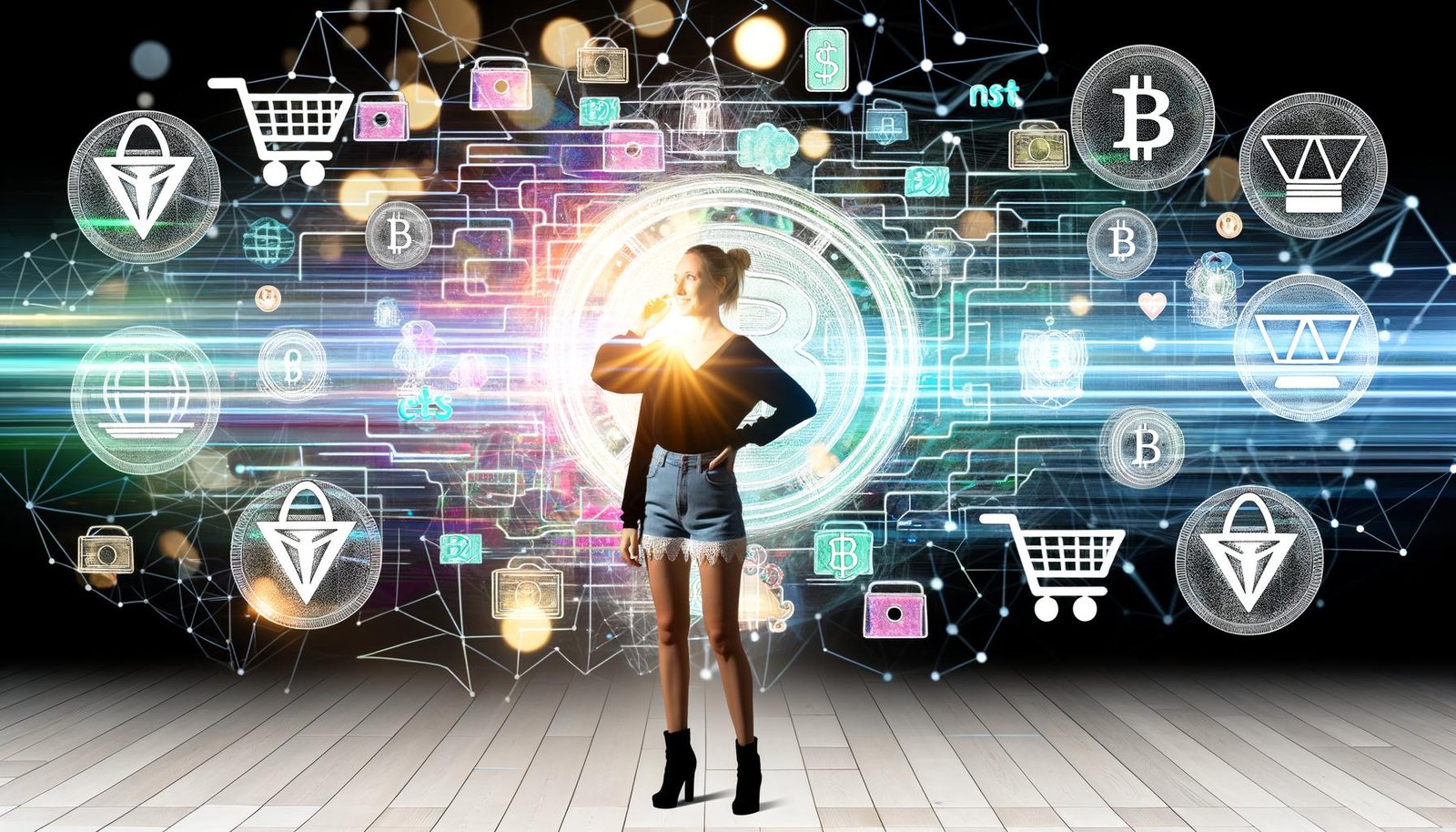 Illustration eines Etsy-Shop-Betreibers vor einem Schaltpult mit E-Commerce- und Web3-Icons, umgeben von Marktplatzgrafiken und vernetzten Datenströmen.