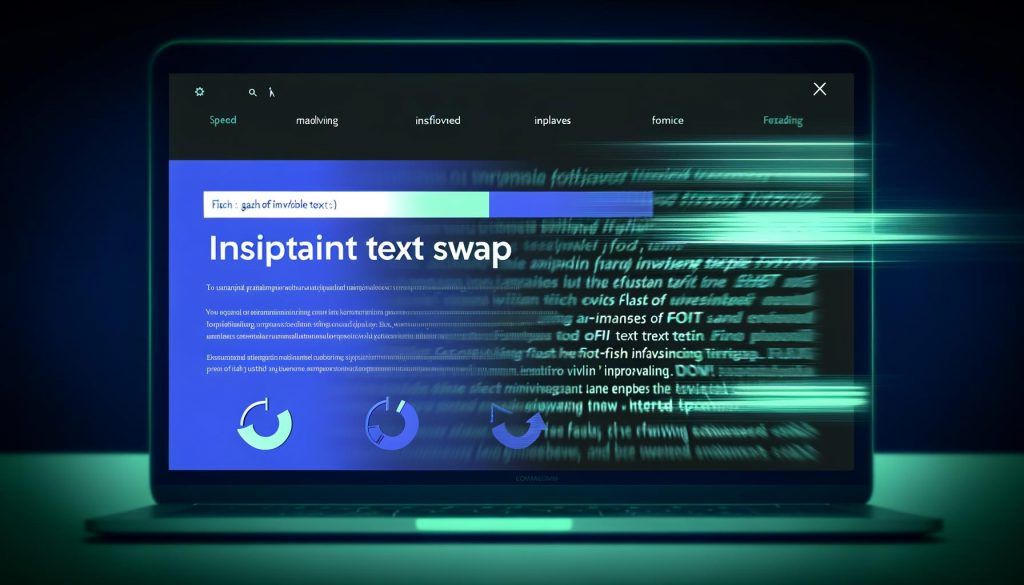 Dynamische Illustration eines Laptops mit ladender Website, instantaner Textwechsel zwischen Fallback- und Webfont, verschwundene unsichtbare Texte und Lade-Symbole, unterstrichen von Geschwindigkeit und Leistungszuwachs.