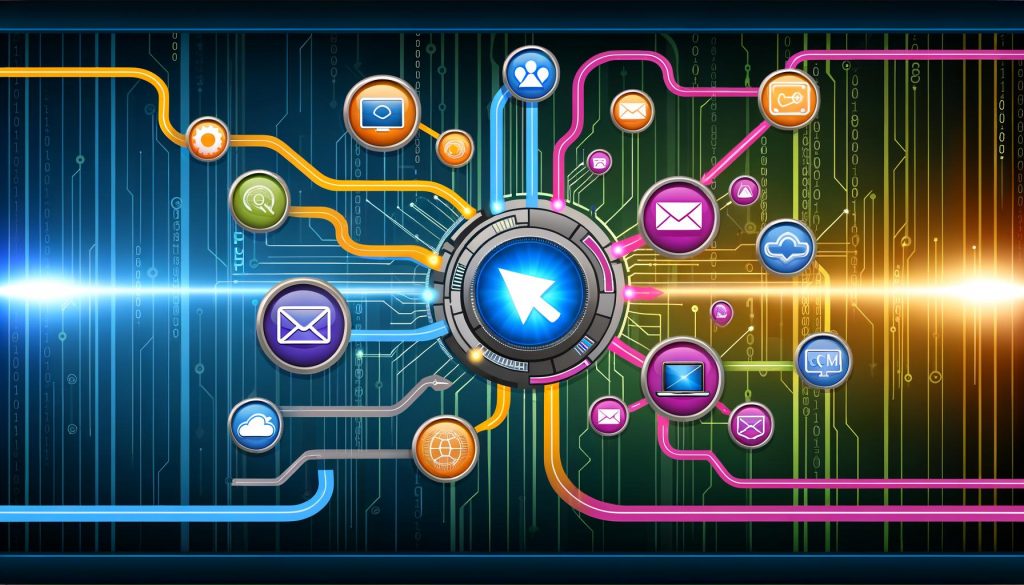 Moderne digitale Dashboard-Illustration mit leuchtendem Webhook-Button, animierten Verbindungen zwischen E-Commerce, CRM, E-Mail-Marketing und SaaS-Apps vor High-Tech-Hintergrund