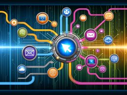 Moderne digitale Dashboard-Illustration mit leuchtendem Webhook-Button, animierten Verbindungen zwischen E-Commerce, CRM, E-Mail-Marketing und SaaS-Apps vor High-Tech-Hintergrund