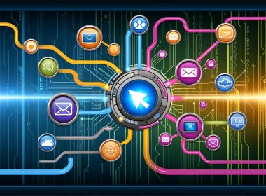 Moderne digitale Dashboard-Illustration mit leuchtendem Webhook-Button, animierten Verbindungen zwischen E-Commerce, CRM, E-Mail-Marketing und SaaS-Apps vor High-Tech-Hintergrund