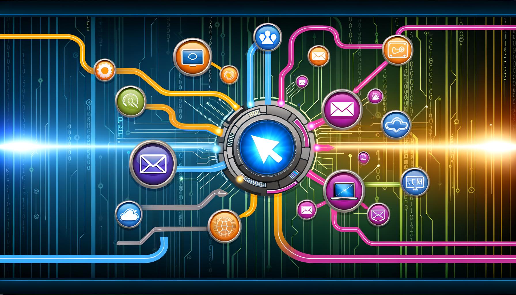 Moderne digitale Dashboard-Illustration mit leuchtendem Webhook-Button, animierten Verbindungen zwischen E-Commerce, CRM, E-Mail-Marketing und SaaS-Apps vor High-Tech-Hintergrund