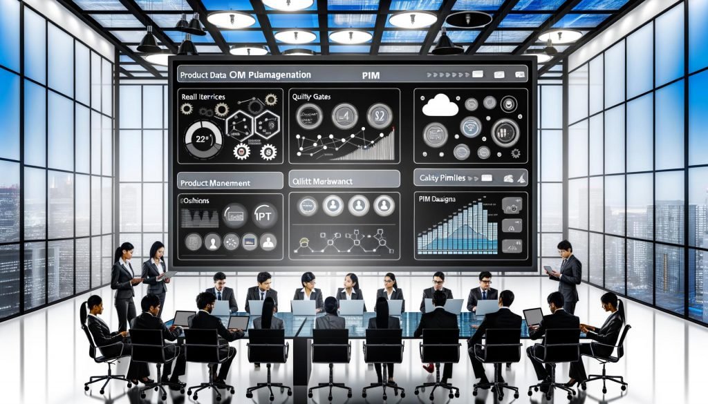 Teams aus IT, Marketing und Produktmanagement arbeiten an Laptops und Tablets mit PIM Dashboard vor großem Display in einem modernen, verglasten Büro mit Whiteboards, Datenpipelines und digitaler Strategie-Atmosphäre.