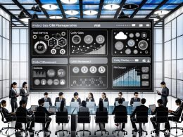 Teams aus IT, Marketing und Produktmanagement arbeiten an Laptops und Tablets mit PIM Dashboard vor großem Display in einem modernen, verglasten Büro mit Whiteboards, Datenpipelines und digitaler Strategie-Atmosphäre.