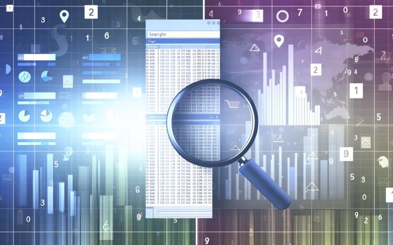 Split-Screen-Grafik: Suchmaschinenergebnisse voll mit Keywords und eine Lupe über Datenbalken und schwankenden Diagrammen, professionell und technisch gestaltet in Blau- und Weißtönen mit leuchtenden Akzenten.