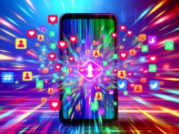Futuristisches Smartphone inmitten einer digitalen Social-Media-Landschaft mit Symbolen und Kurzvideo-App-Logos, die Viralität darstellen