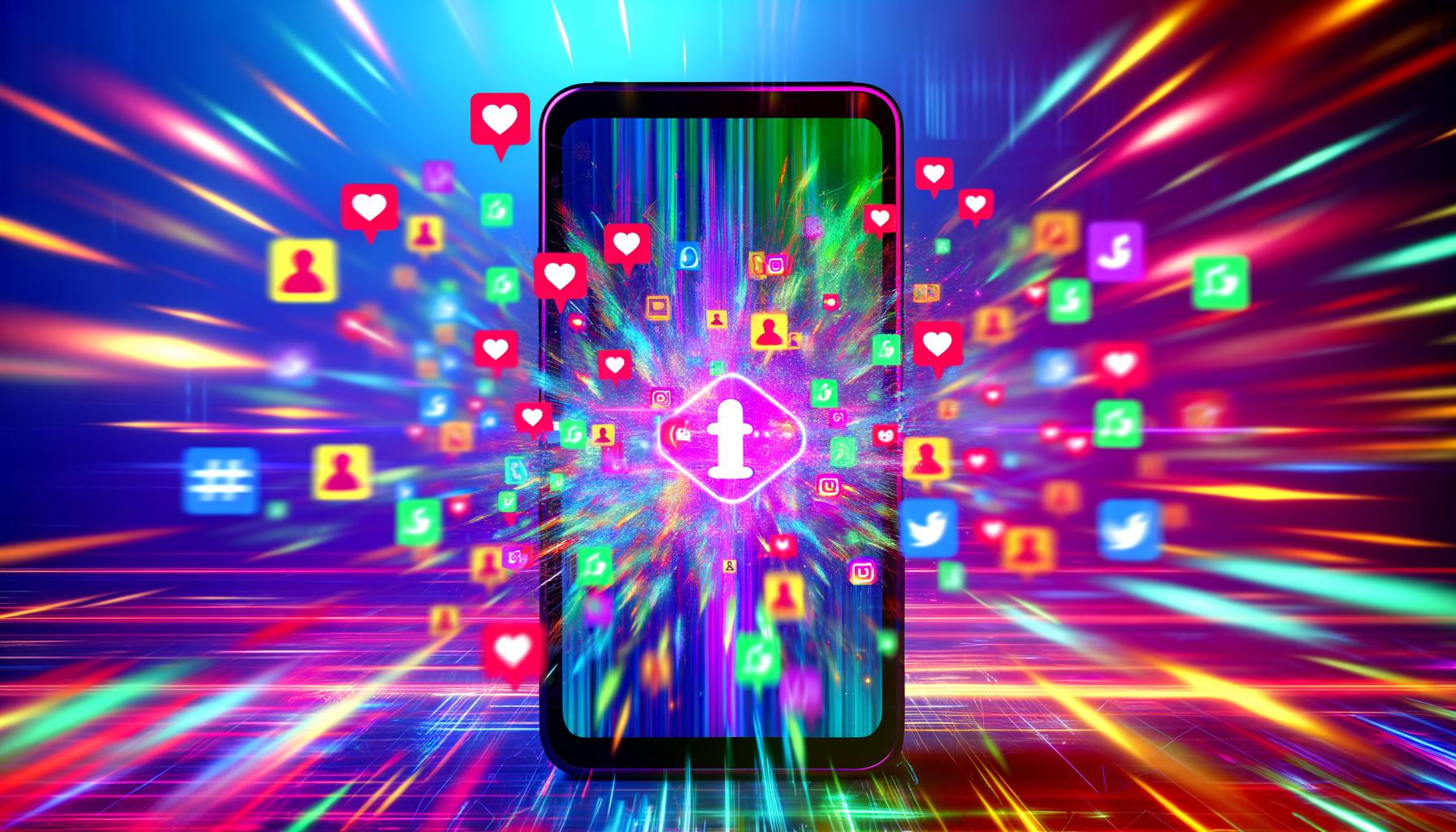 Futuristisches Smartphone inmitten einer digitalen Social-Media-Landschaft mit Symbolen und Kurzvideo-App-Logos, die Viralität darstellen