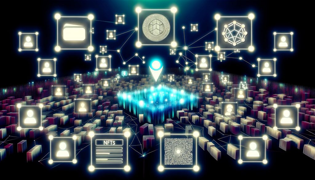 Dynamisch-futuristische Web3-Marktplatz-Szene mit NFTs, Blockchain, Avataren und Hightech-Elementen im modernen Etsy-Stil