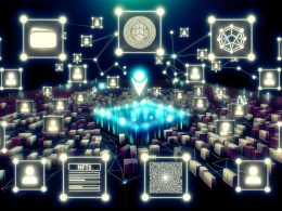 Dynamisch-futuristische Web3-Marktplatz-Szene mit NFTs, Blockchain, Avataren und Hightech-Elementen im modernen Etsy-Stil