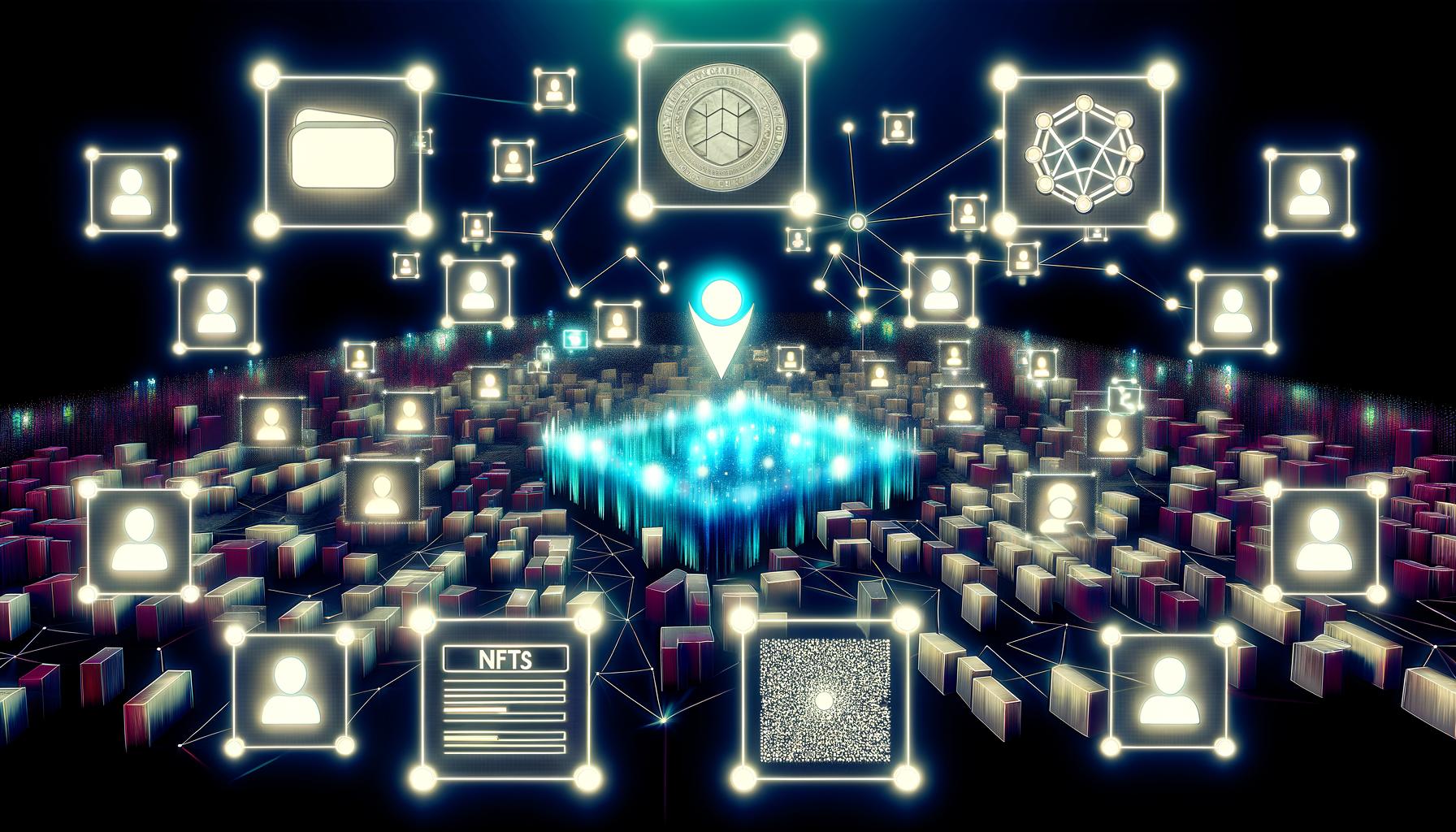 Dynamisch-futuristische Web3-Marktplatz-Szene mit NFTs, Blockchain, Avataren und Hightech-Elementen im modernen Etsy-Stil